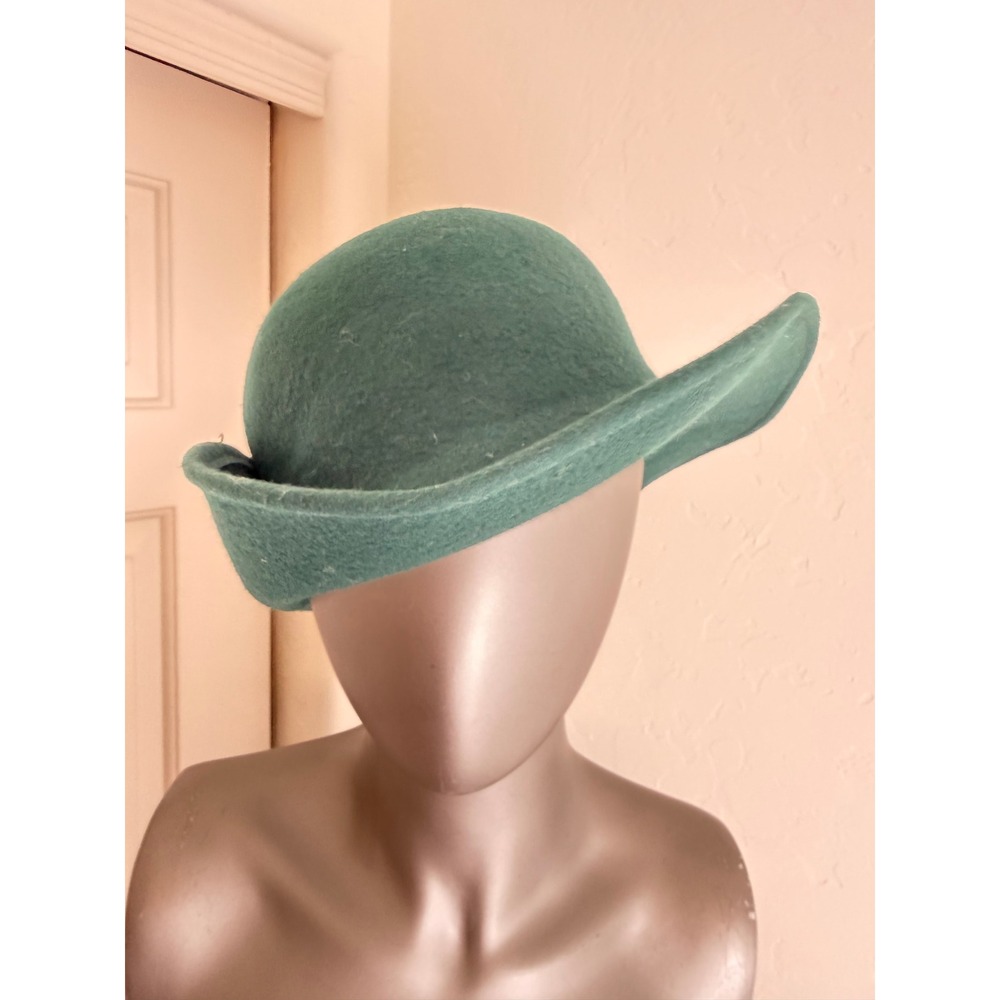 Green Wool Felt Wide Brim Flower Pin Hat Cottagecore Vintage Inspired